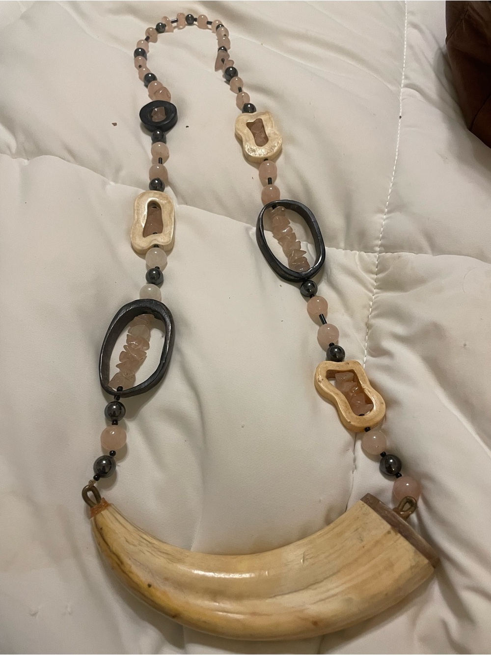 Handcrafted Natural Horn & Bead Statement Necklace in Beige from Africa